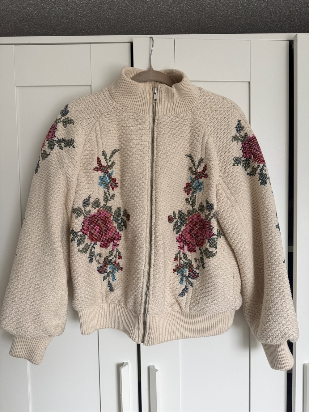 Anthropologie Cream Knit Zip Bomber with Pink Floral Embroidery